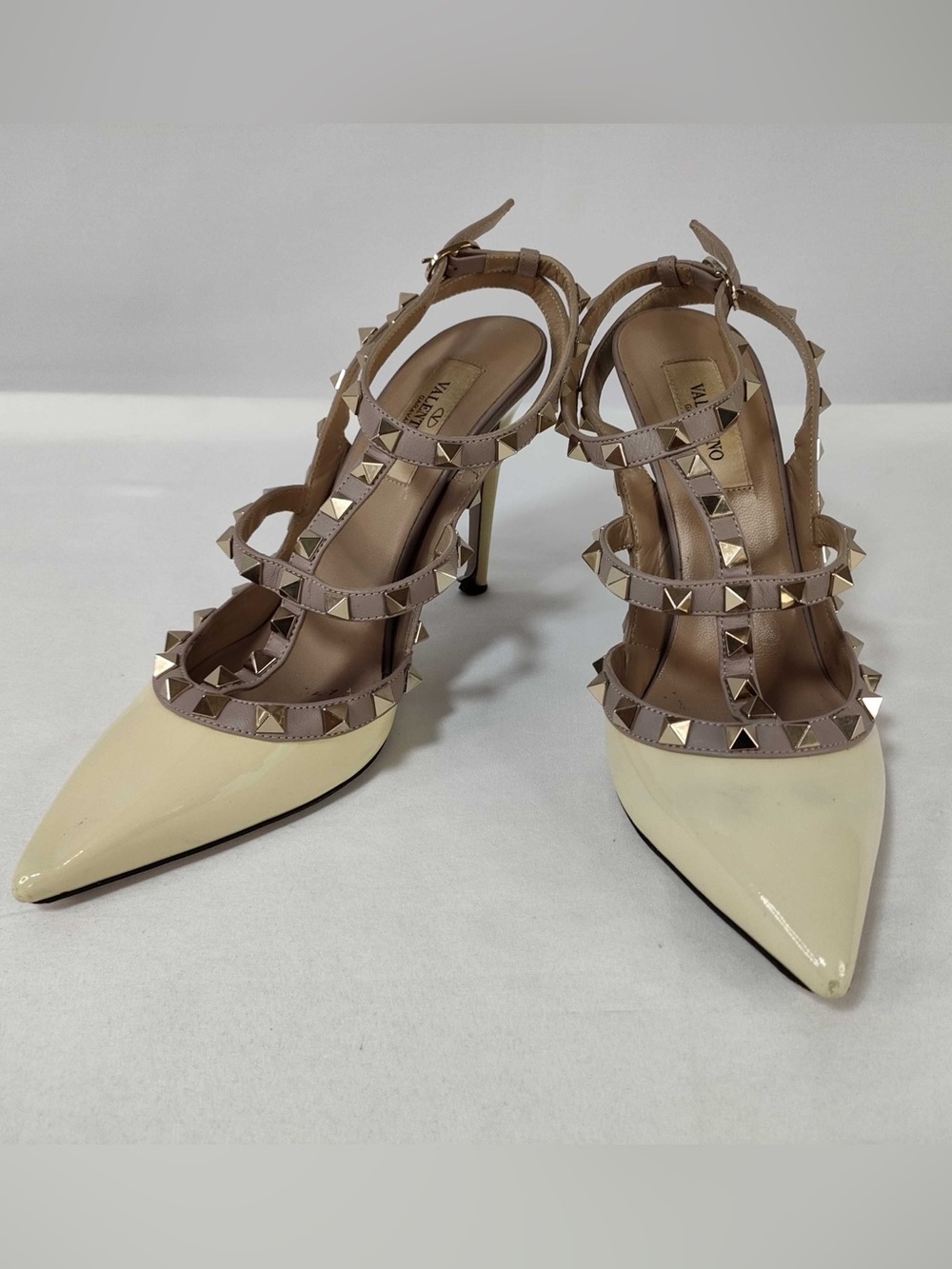 Valentino Garavani Nude Strappy Rockstud Patent Pointed-Toe Heels